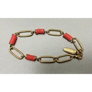 Plunder Design Matte Gold Tone Link Chain Bracelet Coral Pink Disc Beads Jewelry